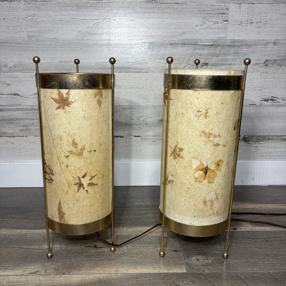 Mid Century Leaf and Butterfly Cylinder Lamp Set of 2